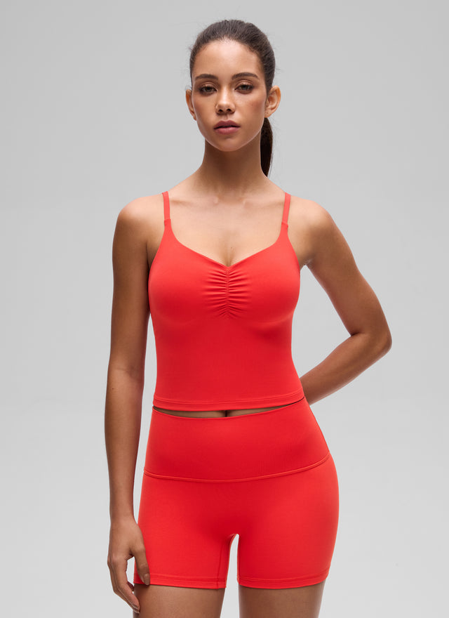 CRZ YOGA Women's Butterluxe Yoga Ruched V Neck U Back Crop Padded Tank Deep Red