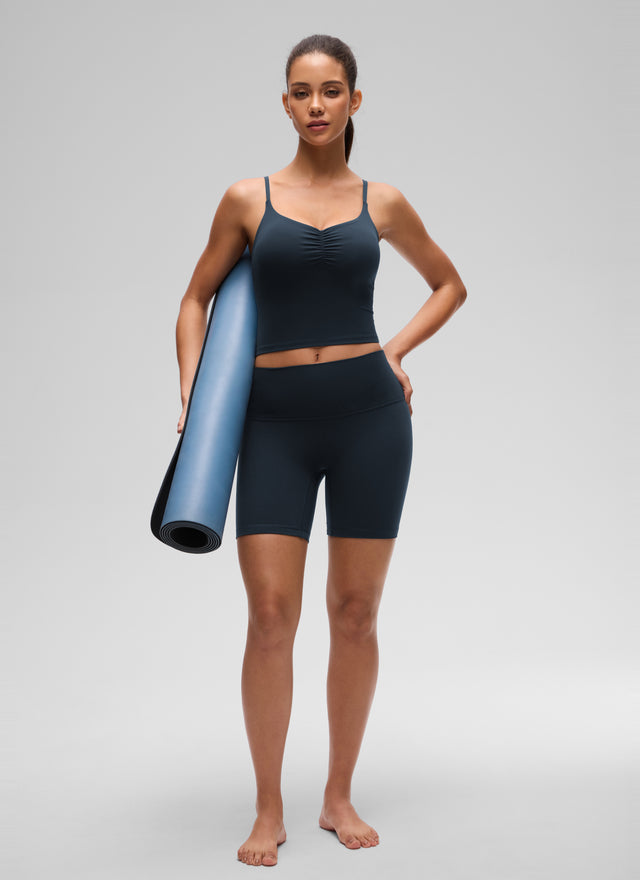 CRZ YOGA Women's Butterluxe Yoga Ruched V Neck U Back Crop Padded Tank True Navy