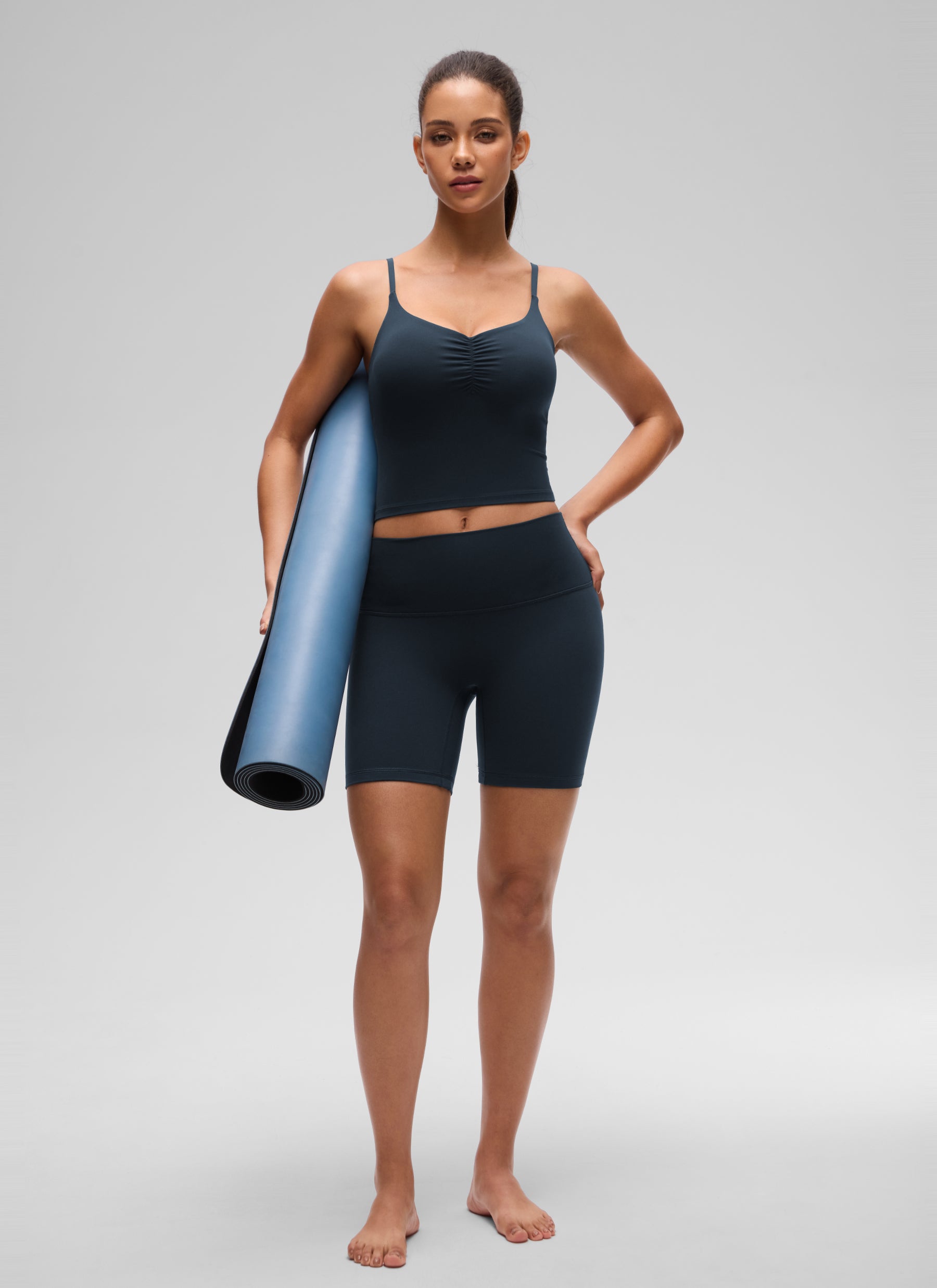 CRZ YOGA Women's Butterluxe Yoga Ruched V Neck U Back Crop Padded Tank True Navy @model_info:E