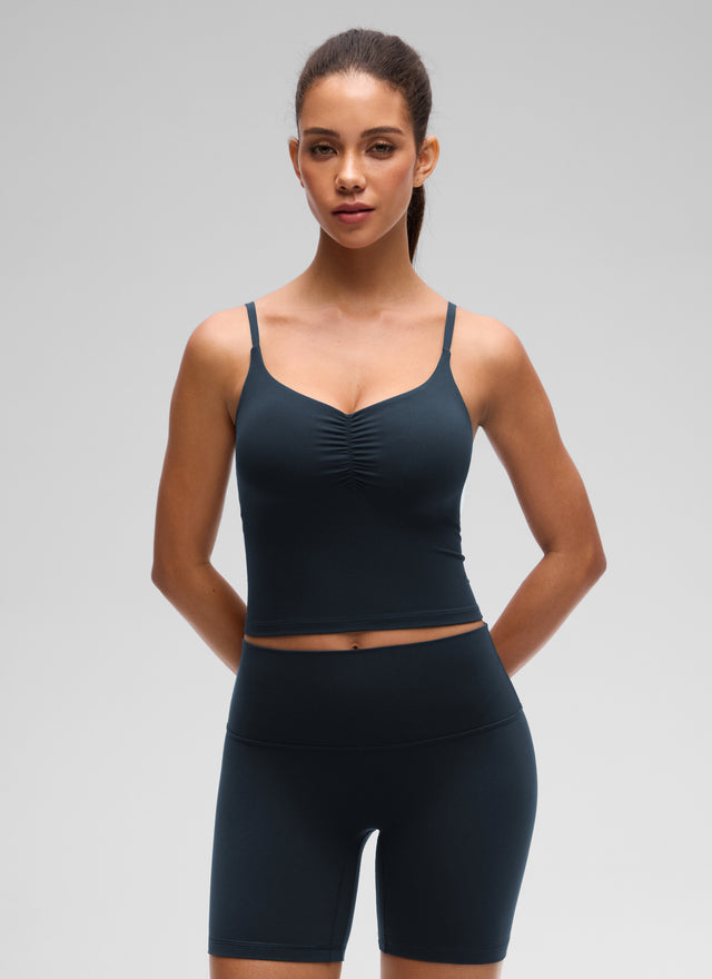 CRZ YOGA Women's Butterluxe Yoga Ruched V Neck U Back Crop Padded Tank True Navy