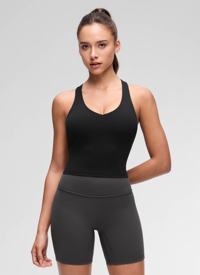 CRZ YOGA Women's Butterluxe Yoga V Neck RacerBack Built in Bra Tank Black