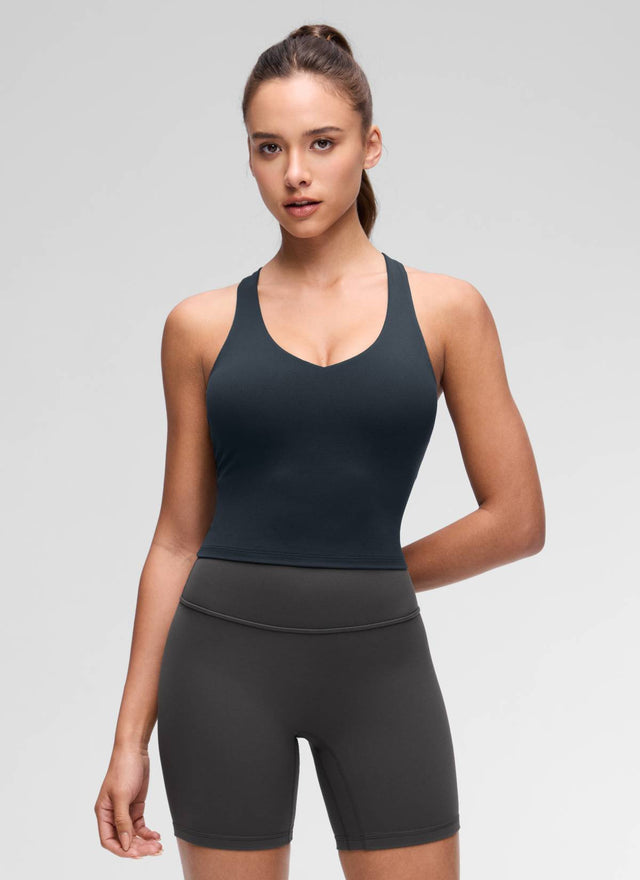 CRZ YOGA Women's Butterluxe Yoga V Neck RacerBack Built in Bra Tank True Navy