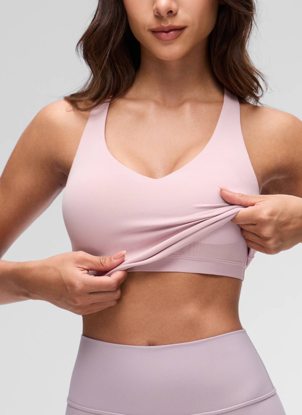 CRZ YOGA Women's Butterluxe Yoga V Neck RacerBack Built in Bra Tank Pink Haze @model_info:Maria