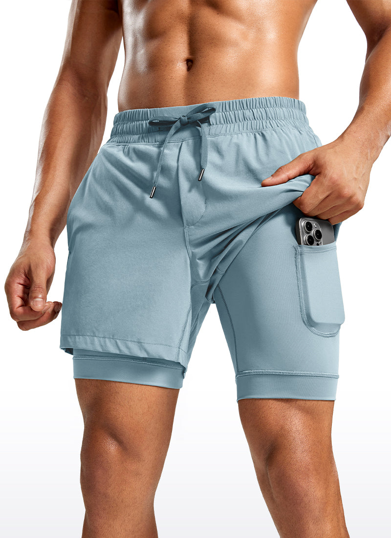 CRZ YOGA Men's Train Relaxed Fit Feathery-Fit 2 in 1 Shorts 5'' with Long Liner Light grayish blue @model_info:Jhony