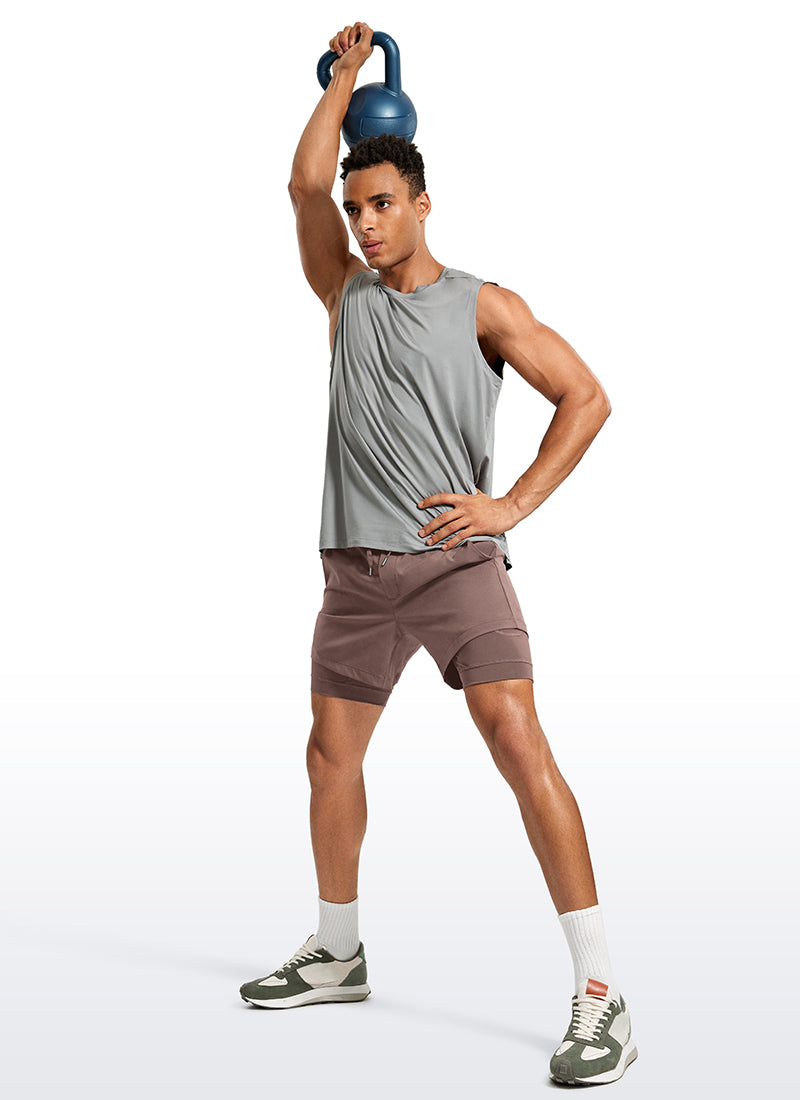 CRZ YOGA Men's Train Relaxed Fit Feathery-Fit 2 in 1 Shorts 5'' with Long Liner Brown Rock @model_info:Jhony