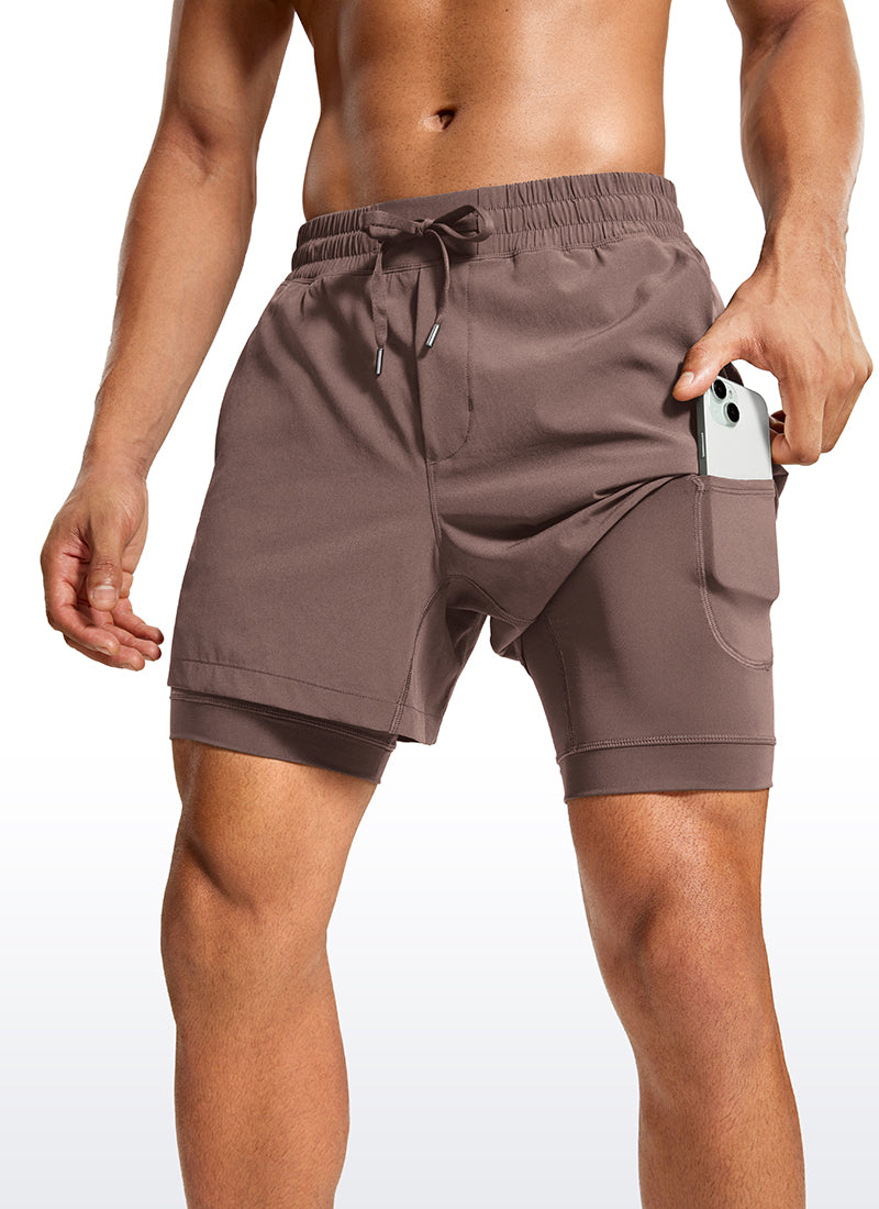 CRZ YOGA Men's Train Relaxed Fit Feathery-Fit 2 in 1 Shorts 5'' with Long Liner Brown Rock @model_info:Jhony