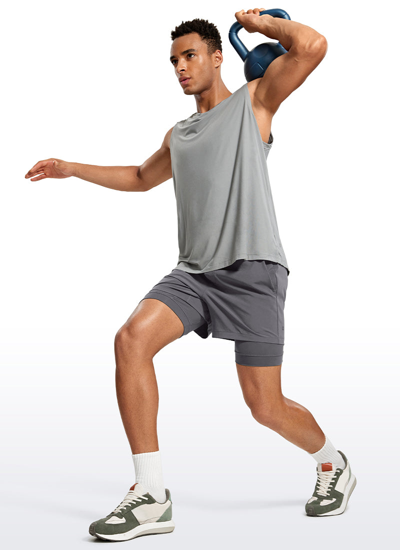 CRZ YOGA Men's Train Relaxed Fit Feathery-Fit 2 in 1 Shorts 5'' with Long Liner Dark Carbon @model_info:Jhony