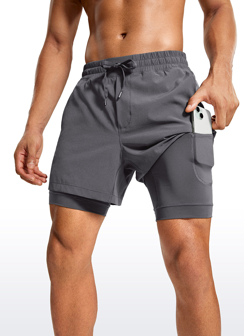 CRZ YOGA Men's Train Relaxed Fit Feathery-Fit 2 in 1 Shorts 5'' with Long Liner Dark Carbon @model_info:Jhony