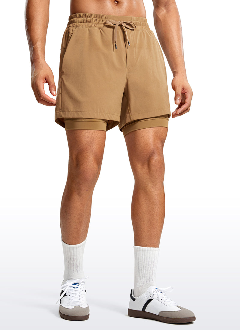 CRZ YOGA Men's Train Relaxed Fit Feathery-Fit 2 in 1 Shorts 5'' with Long Liner Khaki Sand