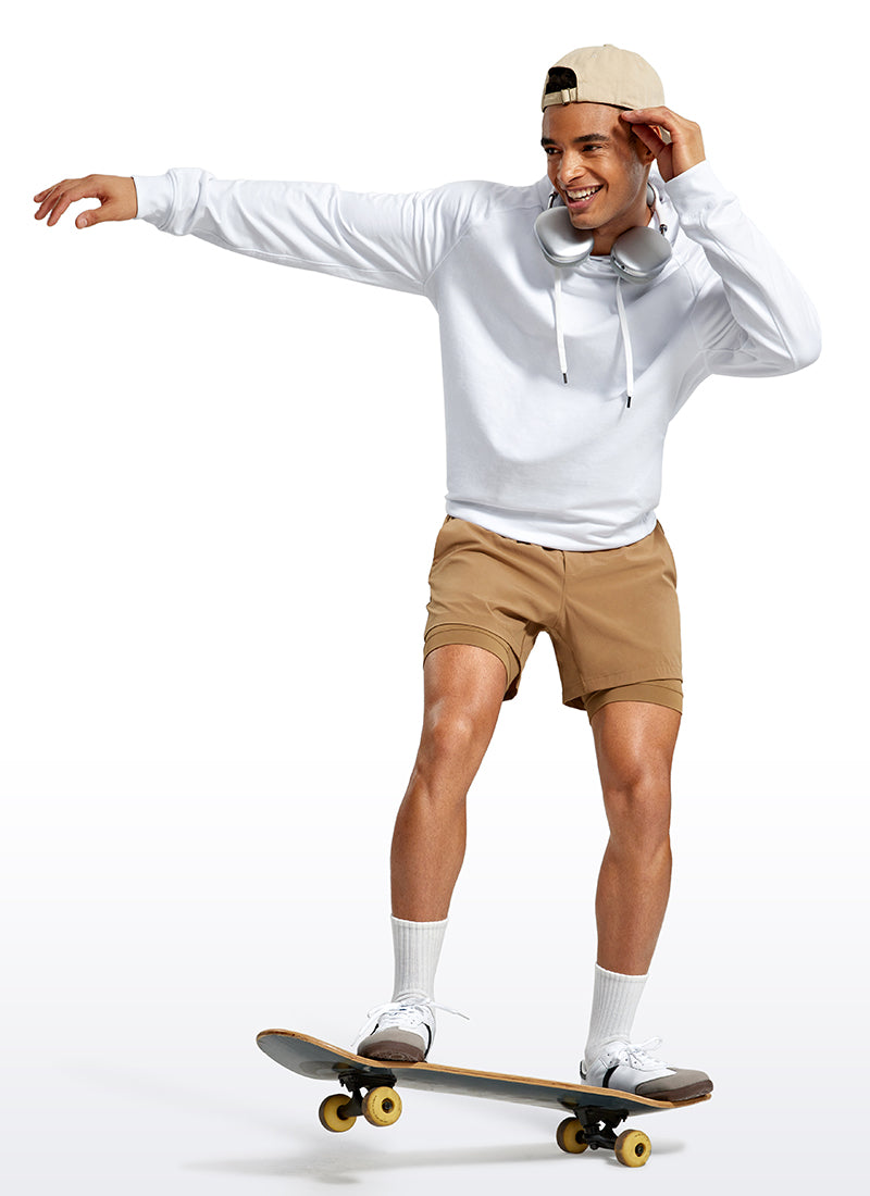 CRZ YOGA Men's Train Relaxed Fit Feathery-Fit 2 in 1 Shorts 5'' with Long Liner Khaki Sand @model_info:Jhony