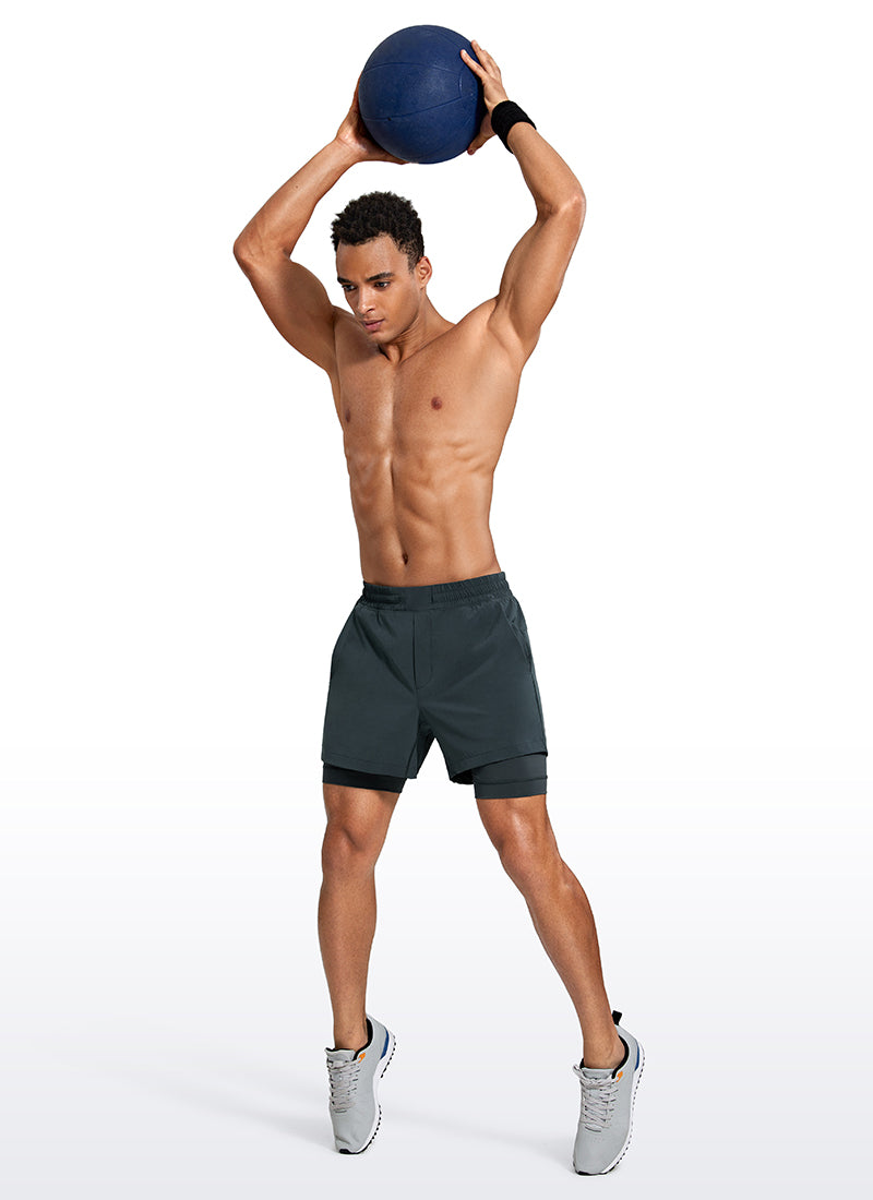 CRZ YOGA Men's Train Relaxed Fit Feathery-Fit 2 in 1 Shorts 5'' with Long Liner Melanite @model_info:Jhony