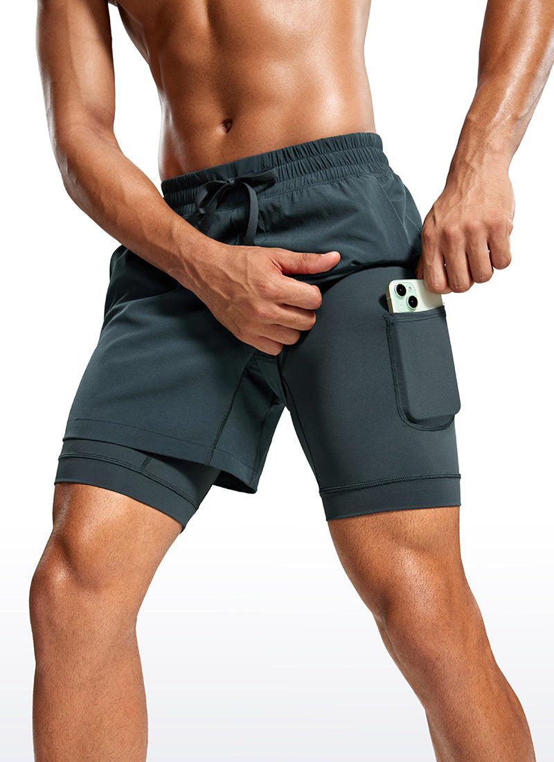 CRZ YOGA Men's Train Relaxed Fit Feathery-Fit 2 in 1 Shorts 5'' with Long Liner Melanite @model_info:Jhony
