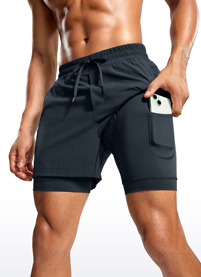 CRZ YOGA Men's Train Relaxed Fit Feathery-Fit 2 in 1 Shorts 5'' with Long Liner True Navy @model_info:Jhony