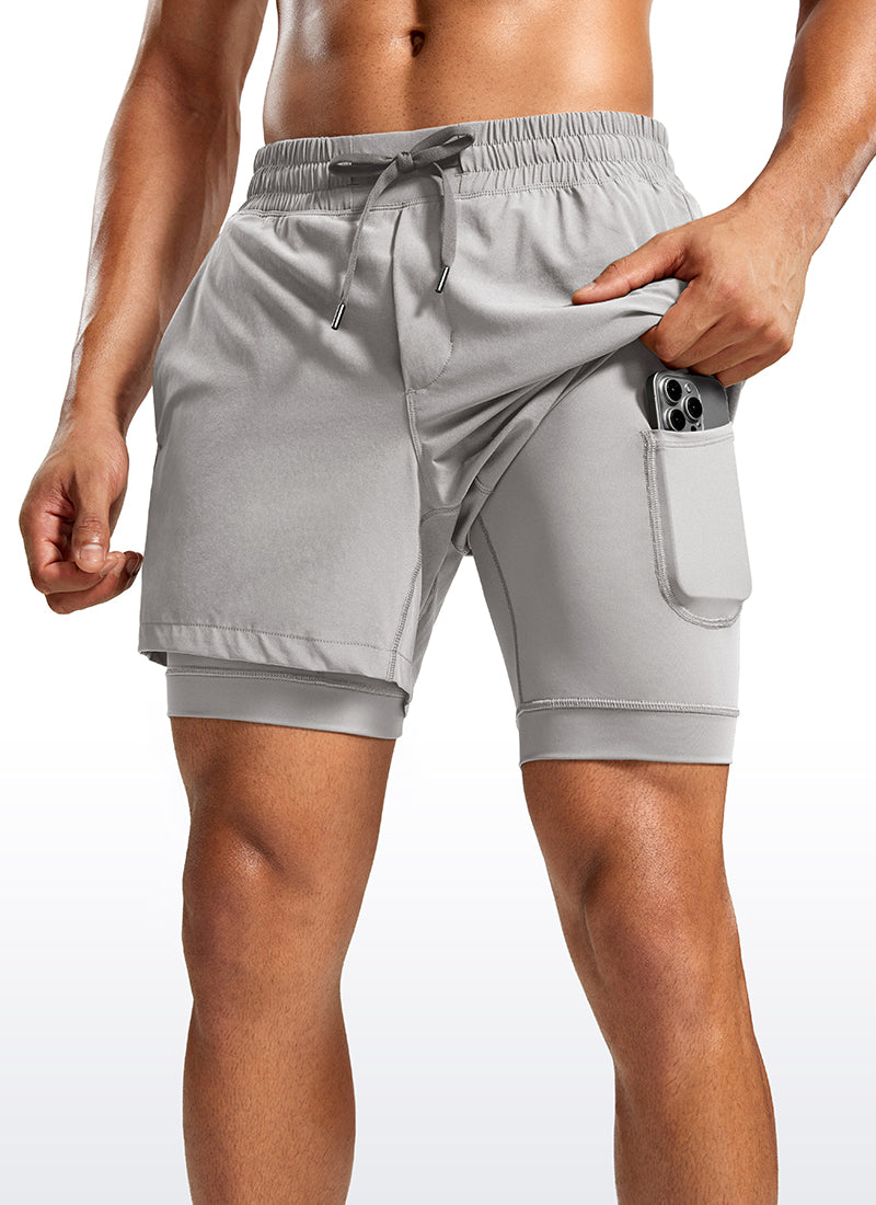 CRZ YOGA Men's Train Relaxed Fit Feathery-Fit 2 in 1 Shorts 5'' with Long Liner Dark Chrome @model_info:Jhony