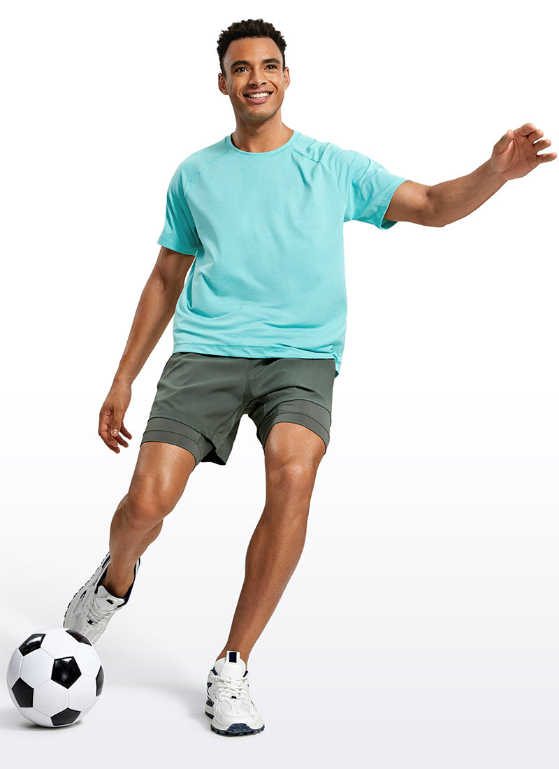 CRZ YOGA Men's Train Relaxed Fit Feathery-Fit 2 in 1 Shorts 5'' with Long Liner Grey Sage @model_info:Jhony