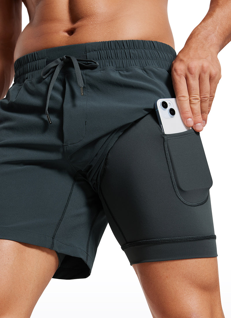CRZ YOGA Men's Train Feathery-Fit 2 in 1 Shorts 5'' with pockets Melanite @model_info:Mazi