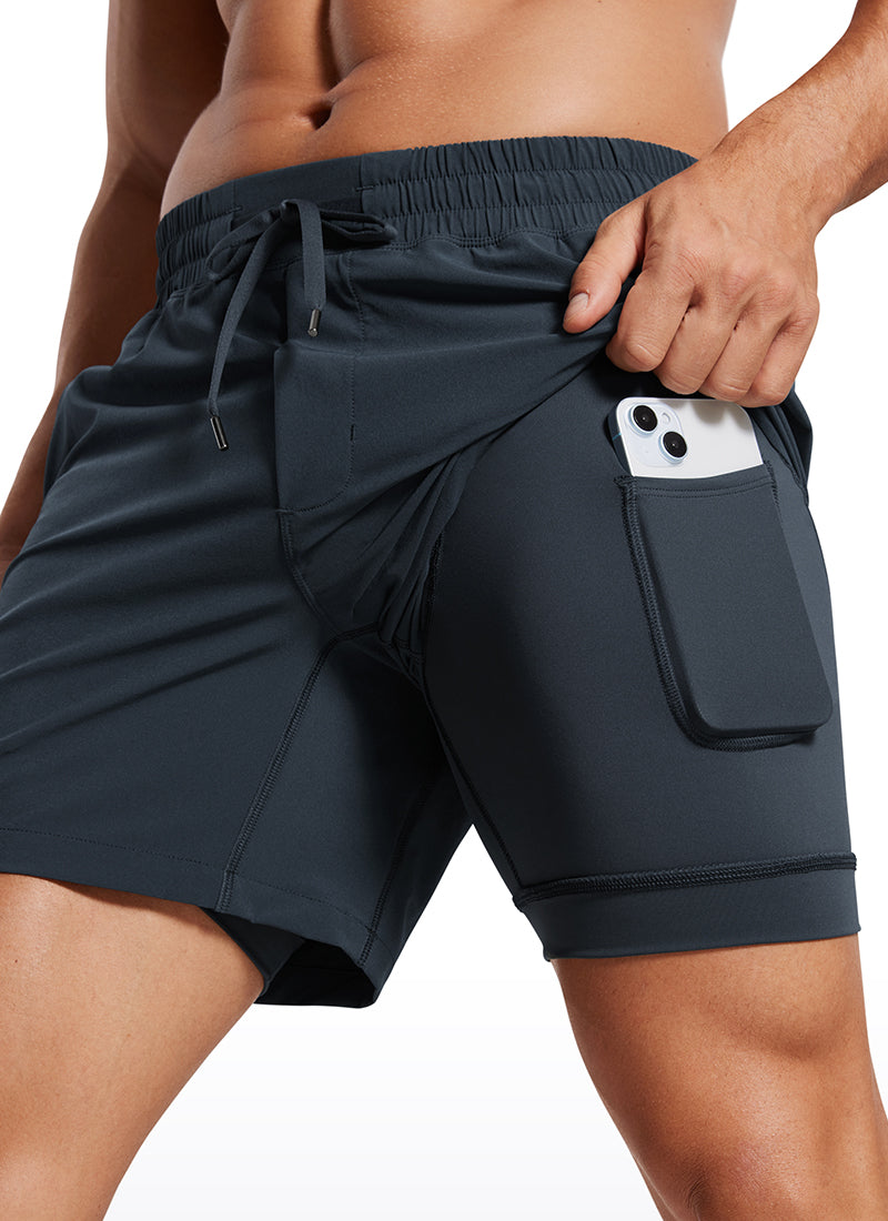 CRZ YOGA Men's Train Feathery-Fit 2 in 1 Shorts 5'' with pockets True Navy @model_info:Mazi