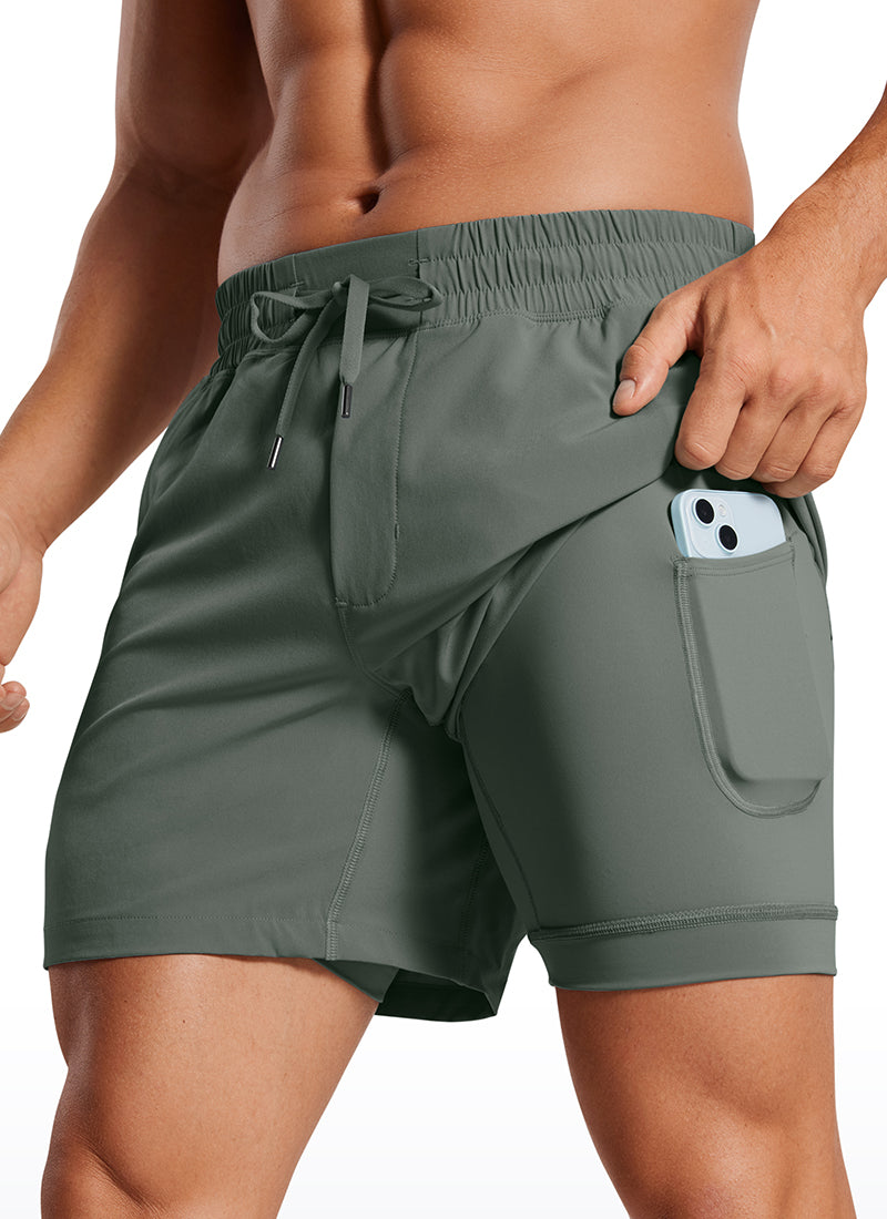 CRZ YOGA Men's Train Feathery-Fit 2 in 1 Shorts 5'' with pockets Grey Sage @model_info:Mazi