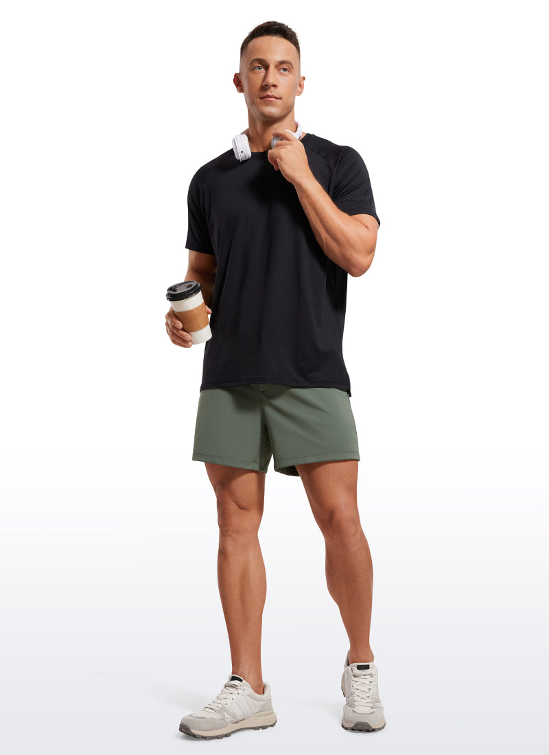 CRZ YOGA Men's Train Relaxed Fit On the Travel Linerless Shorts 5'' Grey Sage @model_info:Mazi