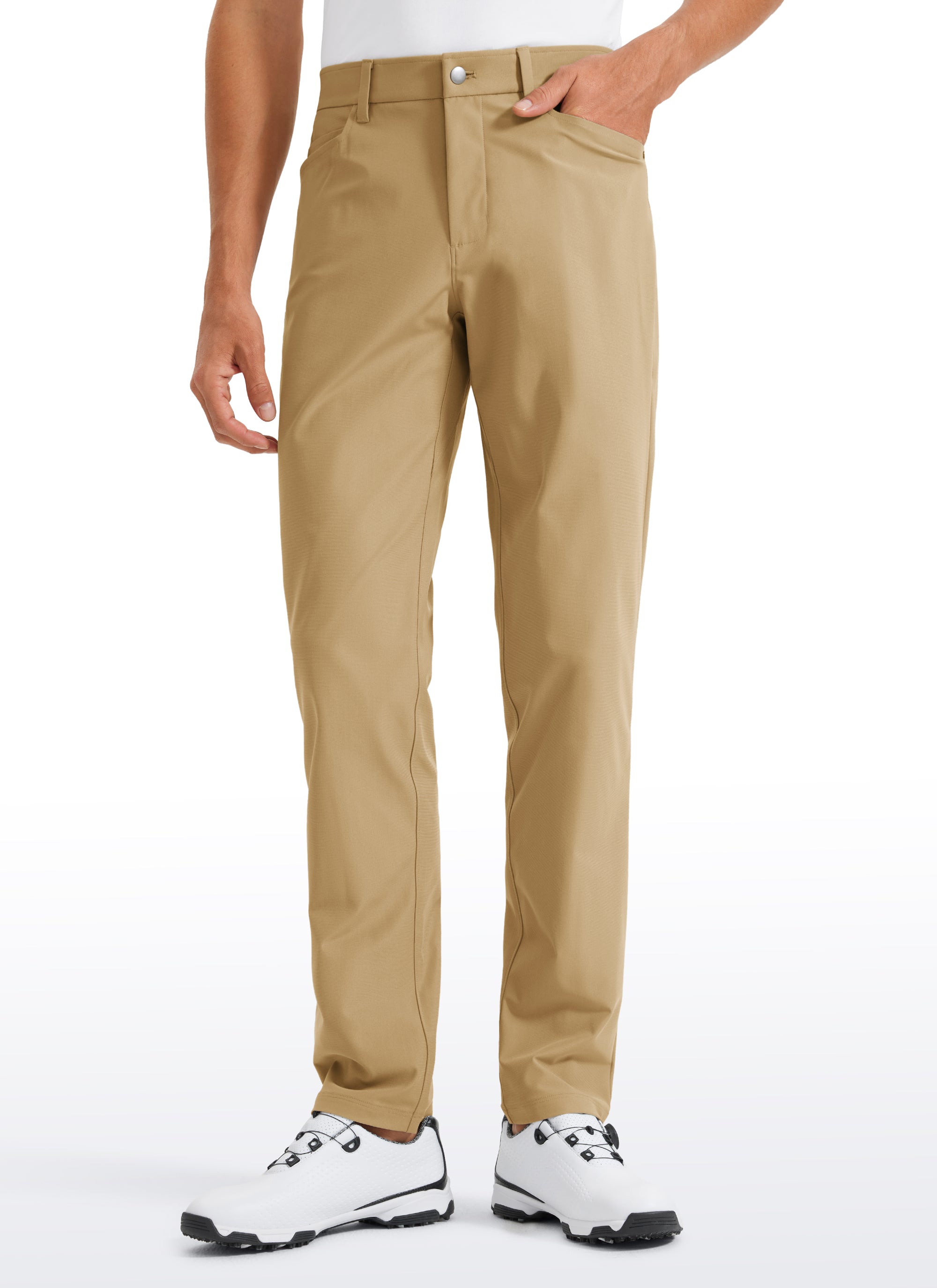 CRZ YOGA Mens Work Slim Fit All-Day Comfort Golf Pants 5 Pockets 32'' Khaki Sand @model_info:Markus
