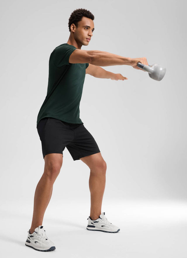 CRZ YOGA Men's Workout Mid Rise Drawstring Performance Knit Shorts 7