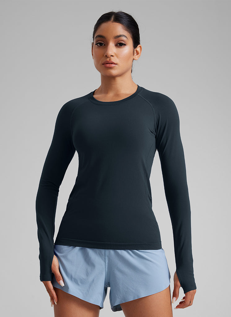 CRZ YOGA Women Seamless Workout Crew Neck Long Sleeve Shirts Slate Grey Marl