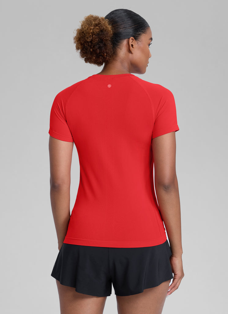 CRZ YOGA Women's Running Classic Fit Shirts Seamless Short Sleeves Deep Red