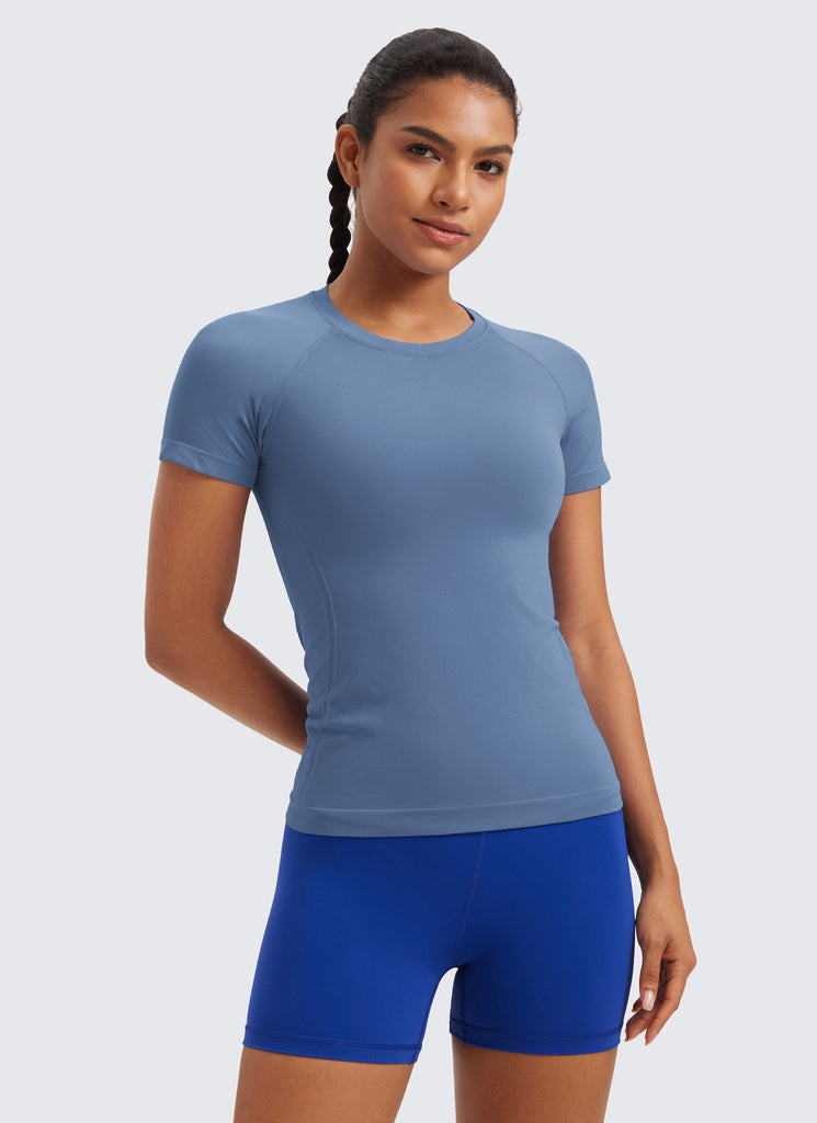 CRZ YOGA Women's Running Classic Fit Shirts Seamless Short Sleeves Green Palm Court