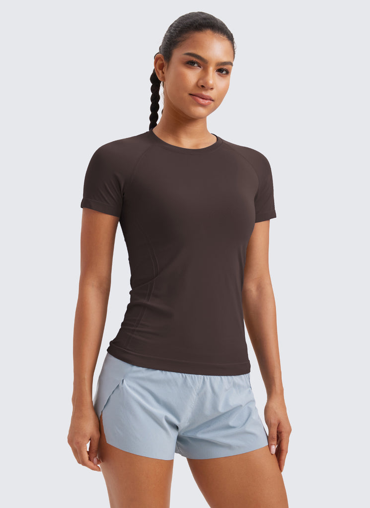 CRZ YOGA Women's Running Classic Fit Shirts Seamless Short Sleeves Green Palm Court