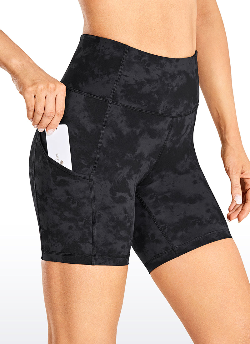 CRZ YOGA Women's Run High Rise Biker Nakedfeel Light Pocket Shorts 6'' Tie Dye Smoke Ink @model_info:N
