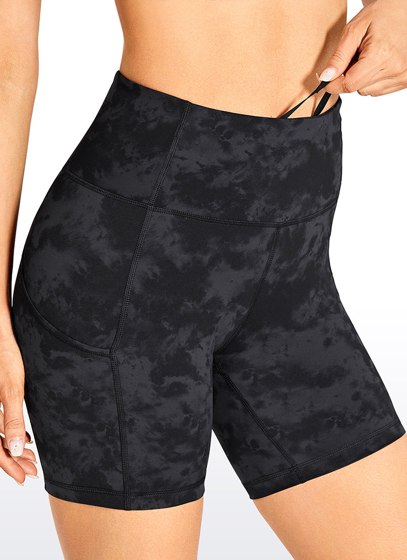 CRZ YOGA Women's Run High Rise Biker Nakedfeel Light Pocket Shorts 6'' Tie Dye Smoke Ink @model_info:N