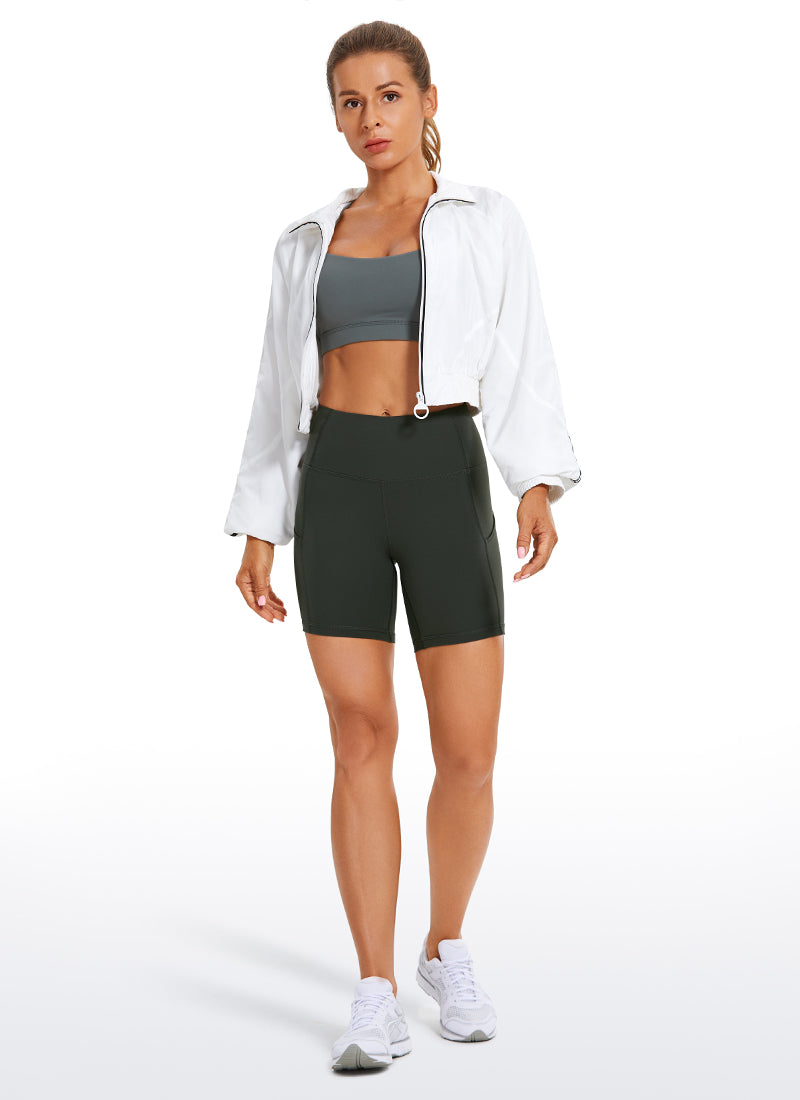 CRZ YOGA Women's Run High Rise Biker Nakedfeel Light Pocket Shorts 6'' Grey Olive @model_info:L