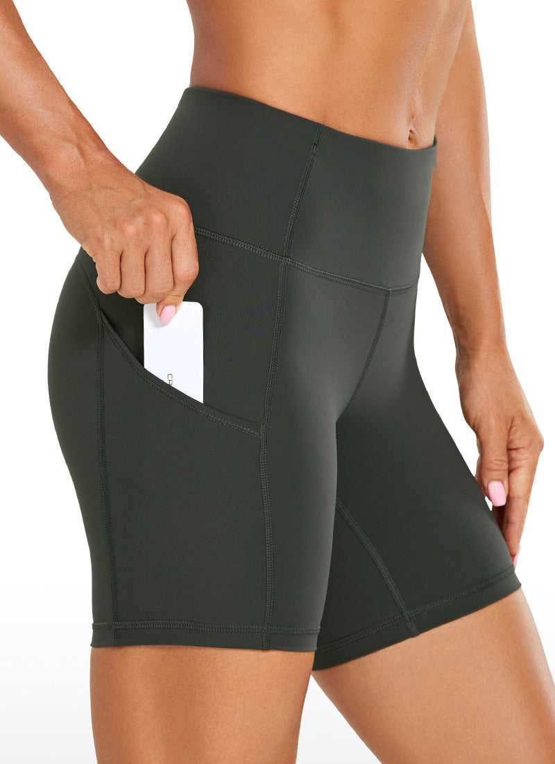 CRZ YOGA Women's Run High Rise Biker Nakedfeel Light Pocket Shorts 6'' Grey Olive @model_info:L