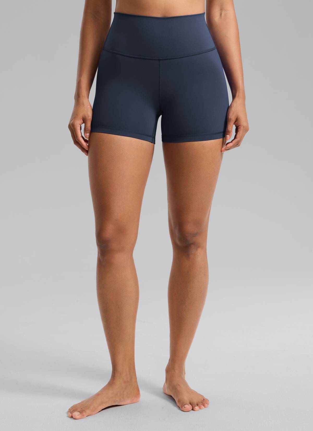 CRZ YOGA Women's Yoga High Rise Biker Shorts Nakedfeel Shorts 4'' Navy @model_info:Barbara