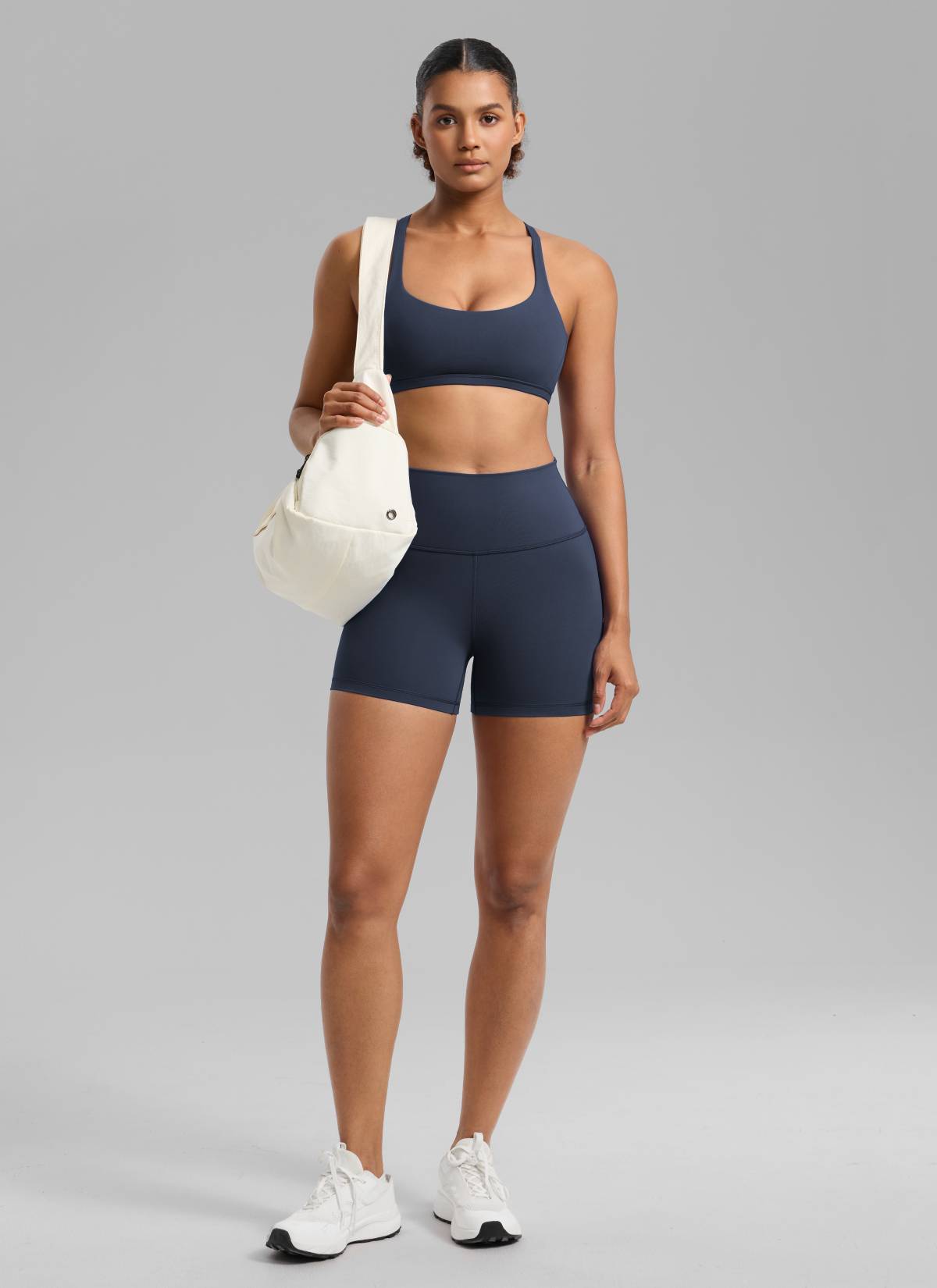 CRZ YOGA Women's Yoga High Rise Biker Shorts Nakedfeel Shorts 4'' Navy @model_info:Barbara