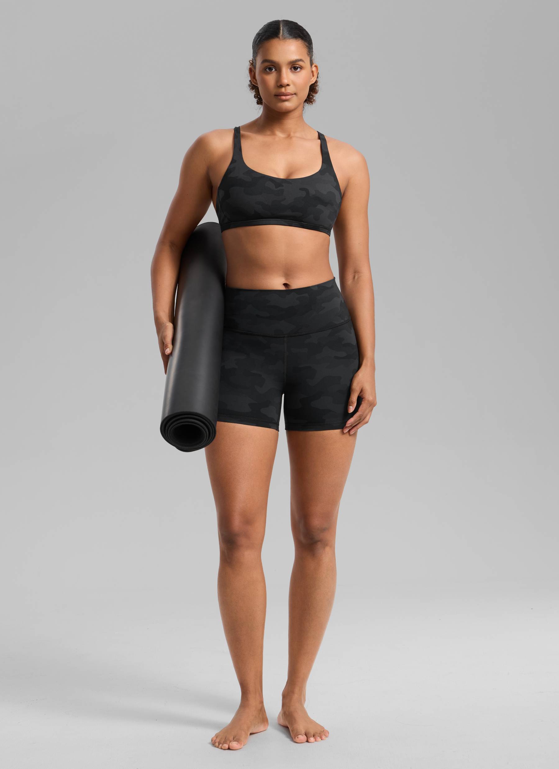 CRZ YOGA Women's Yoga High Rise Biker Shorts Nakedfeel Shorts 4'' Dark grey camouflage