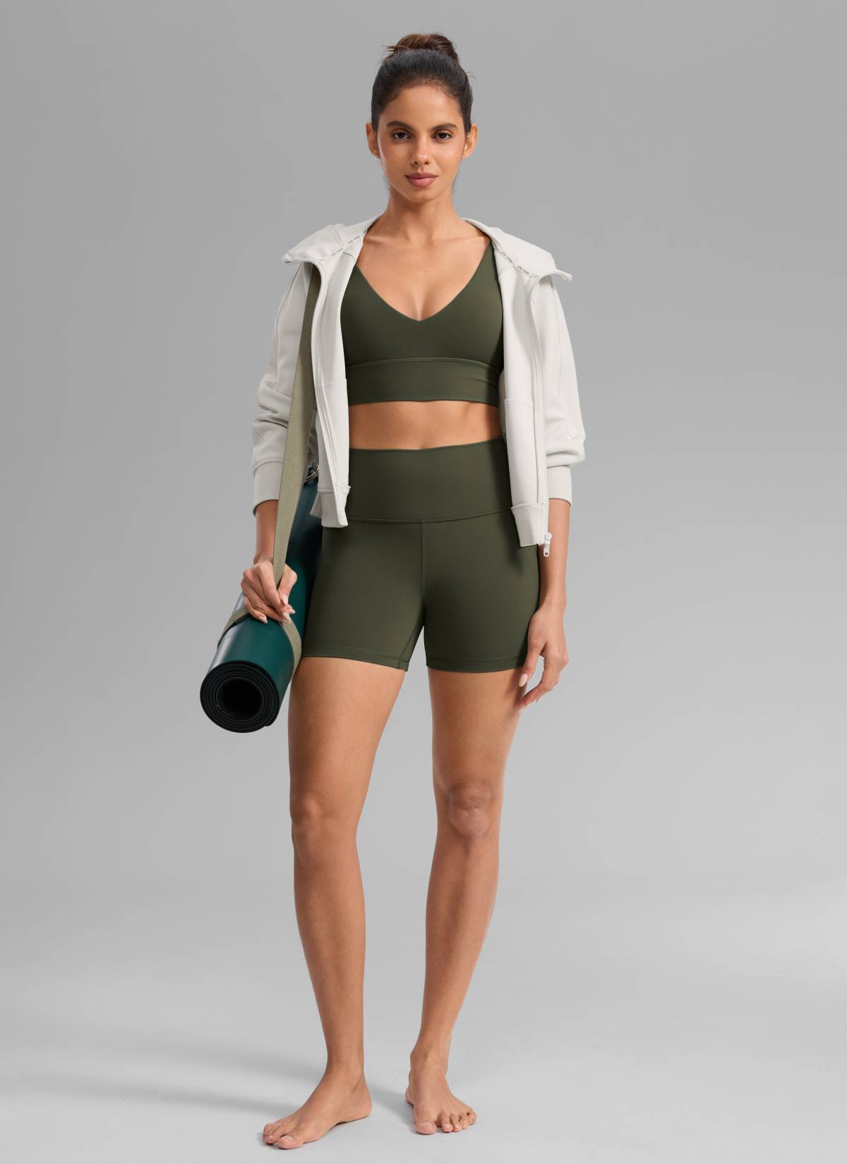 CRZ YOGA Women's Yoga High Rise Biker Shorts Nakedfeel Shorts 4'' Olive Green