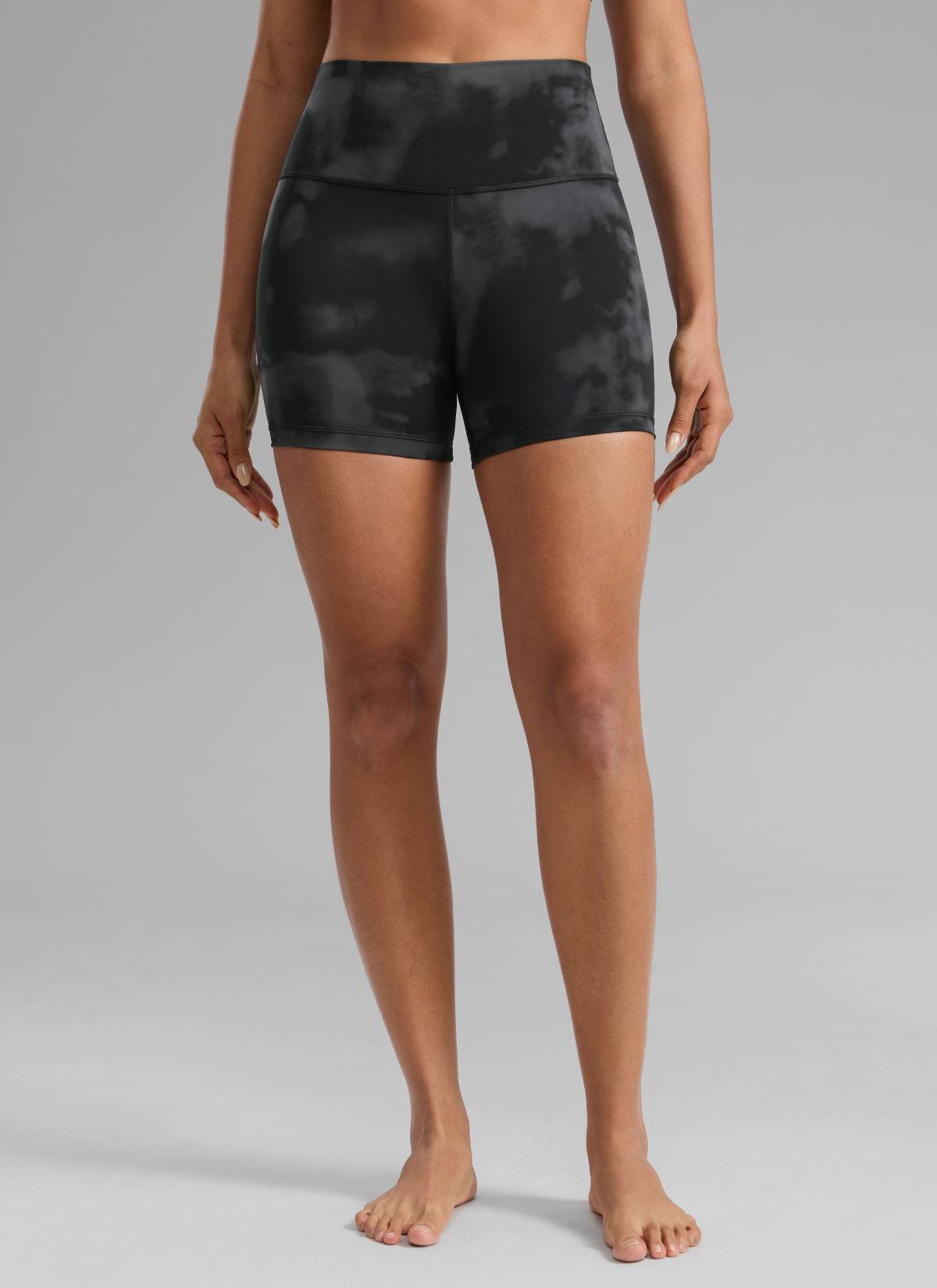 CRZ YOGA Women's Yoga High Rise Biker Shorts Nakedfeel Shorts 4'' Black Tie Dye Flowers @model_info:Dany