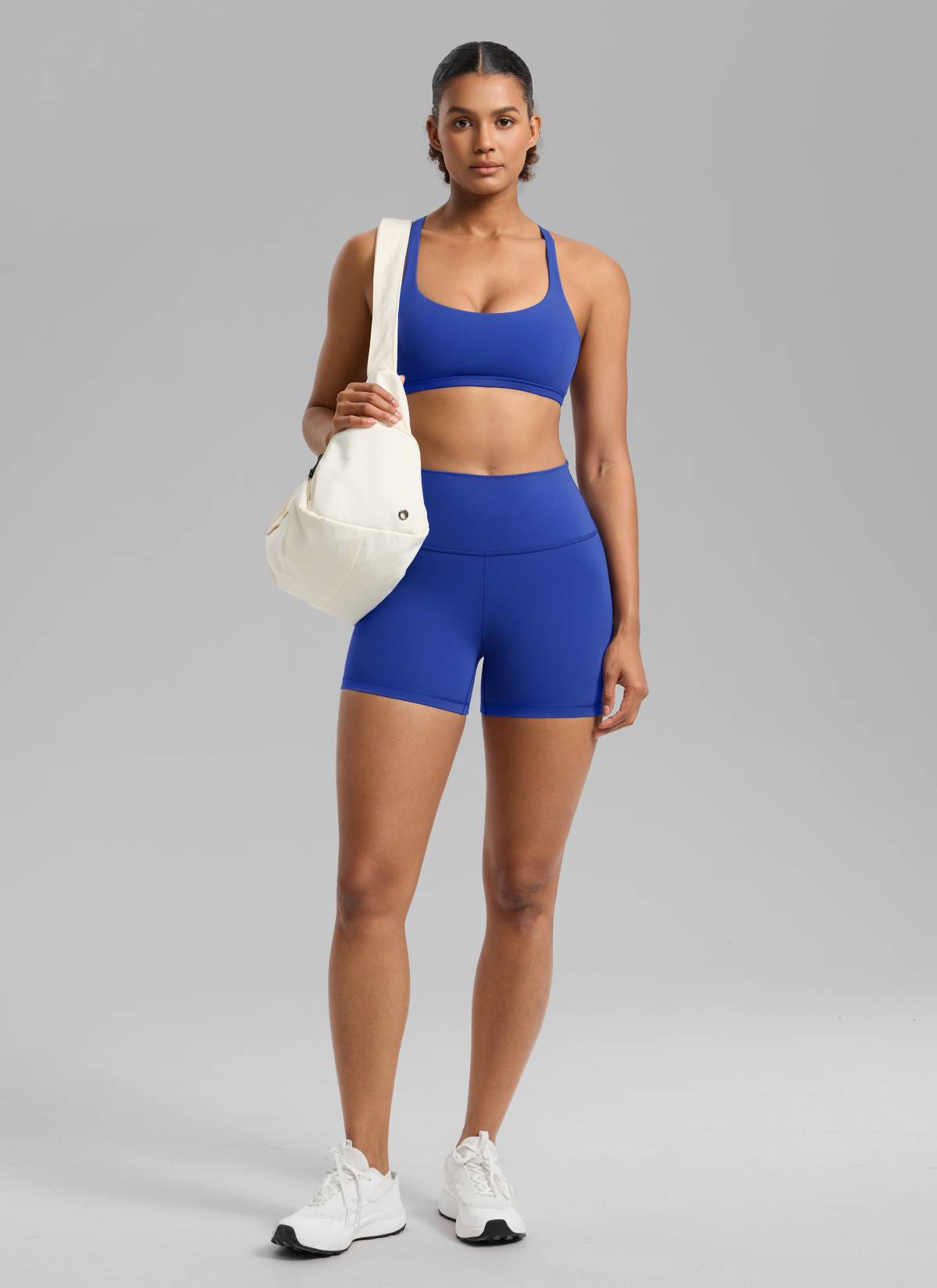 CRZ YOGA Women's Yoga High Rise Biker Shorts Nakedfeel Shorts 4'' Waves Blue @model_info:Barbara