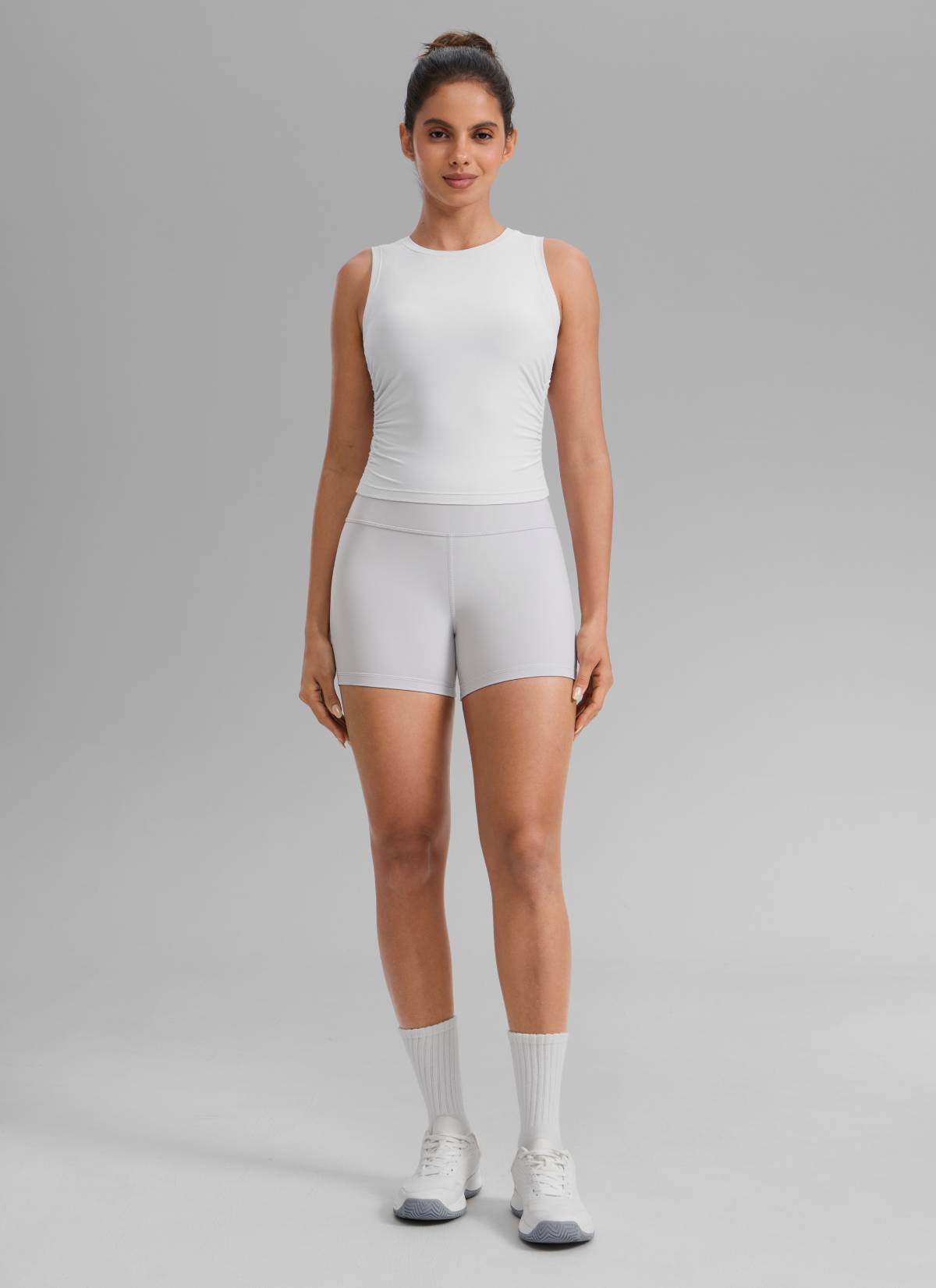 CRZ YOGA Women's Yoga High Rise Biker Shorts Nakedfeel Shorts 4'' Platinum Grey @model_info:Dany