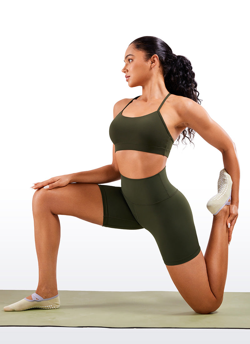 CRZ YOGA Women's Yoga High Rise Biker Shorts Nakedfeel Shorts 6'' Olive Green @model_info:Amanda