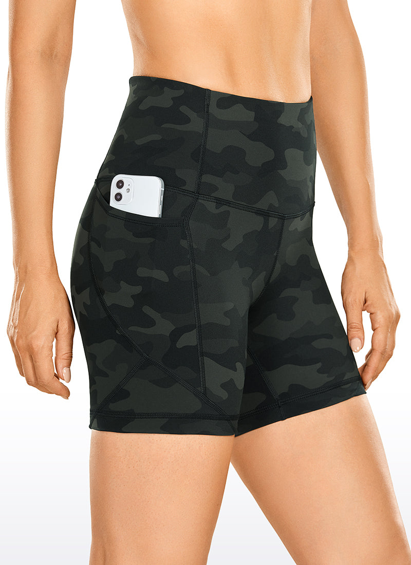 CRZ YOGA Women's Train High Rise Biker Nakedfeel Pocket Shorts 5'' Olive Camouflage