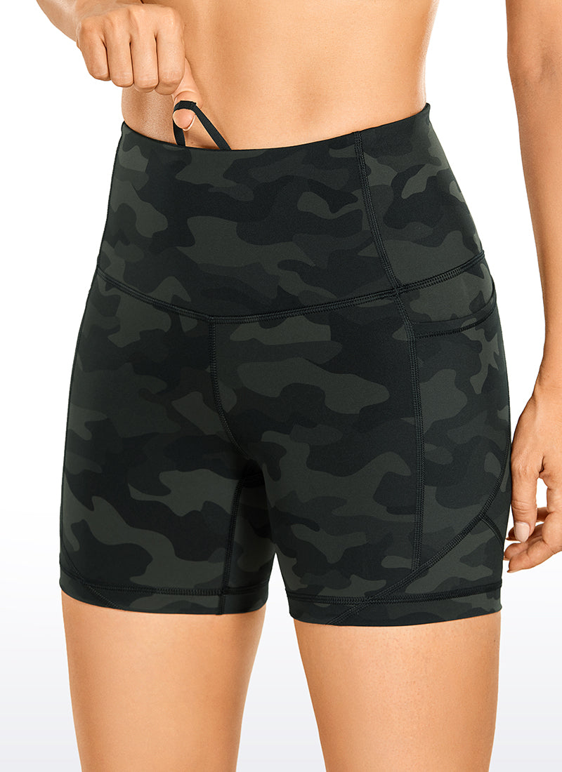 CRZ YOGA Women's Train High Rise Biker Nakedfeel Pocket Shorts 5'' Olive Camouflage