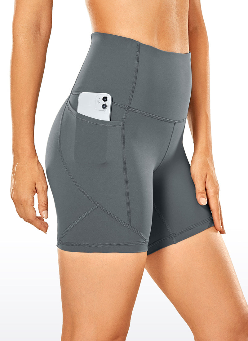 CRZ YOGA Women's Train High Rise Biker Nakedfeel Pocket Shorts 5'' Dark Carbon
