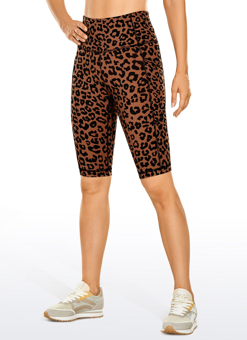 CRZ YOGA Women's Train High Rise Biker Nakedfeel Shorts Pockets 10'' Orange Yellow Leopard Print