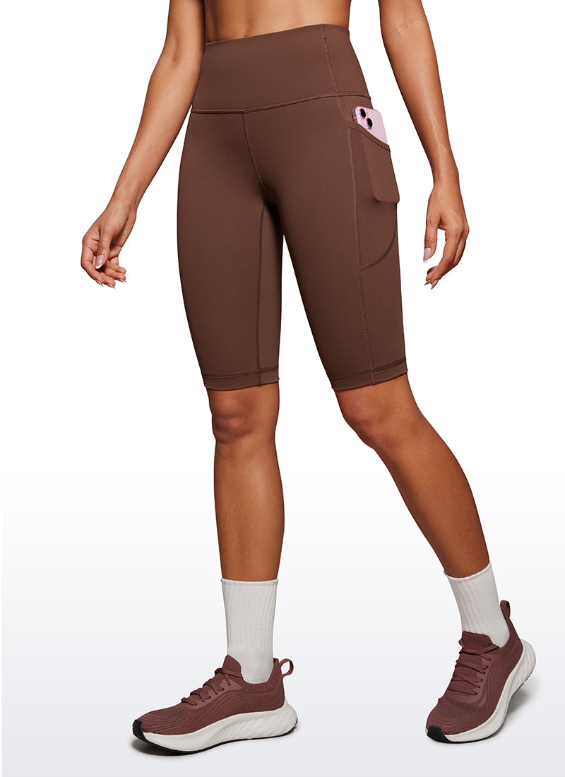 CRZ YOGA Women's Train High Rise Biker Nakedfeel Shorts Pockets 10'' Coffee Brown