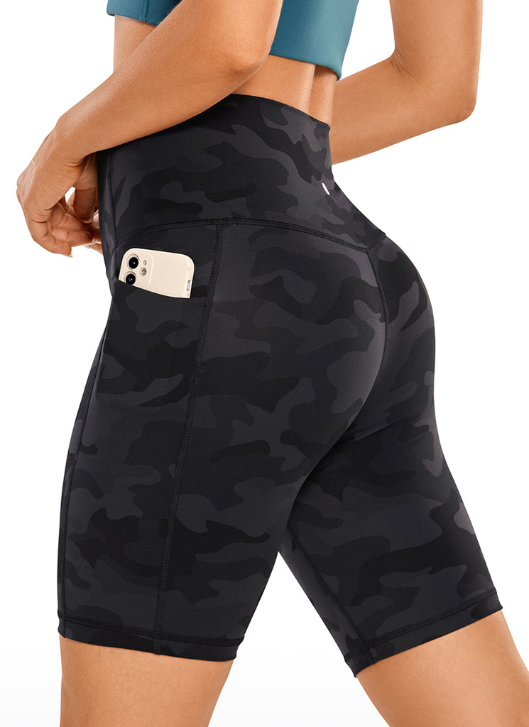 CRZ YOGA Women's Train High Rise Biker Nakedfeel Pocket Shorts 8'' Dark grey camouflage