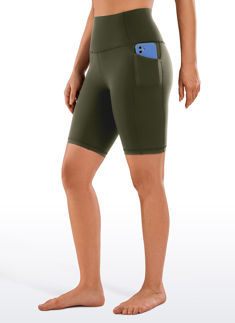 CRZ YOGA Women's Train High Rise Biker Nakedfeel Pocket Shorts 8'' Olive Green @model_info:Hanna
