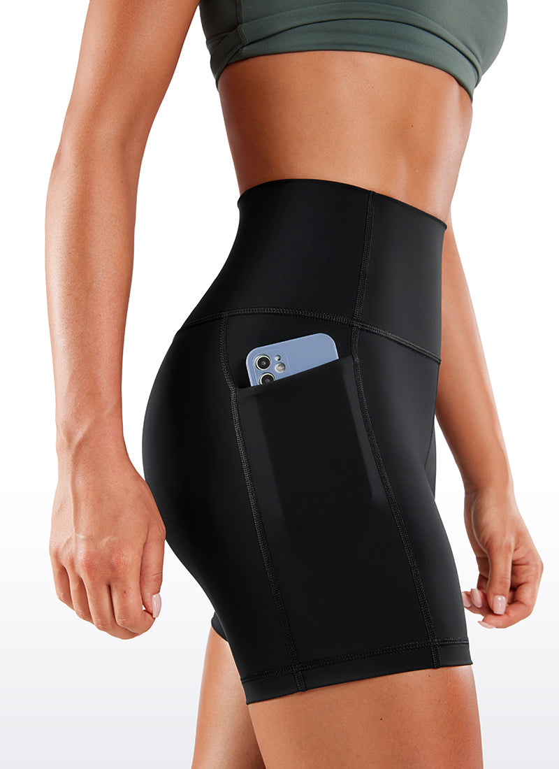 CRZ YOGA Women's Train High Rise Biker Nakedfeel Pocket Shorts 5'' Black @model_info:Gabri