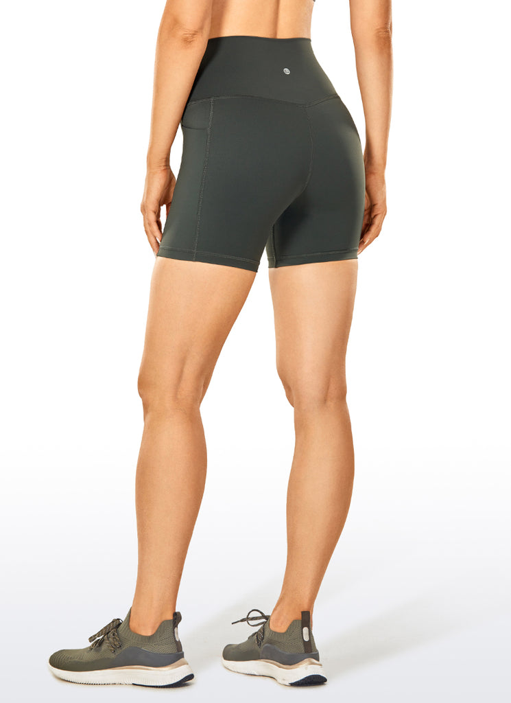 CRZ YOGA Women's Train High Rise Biker Nakedfeel Pocket Shorts 5'' Grey Olive